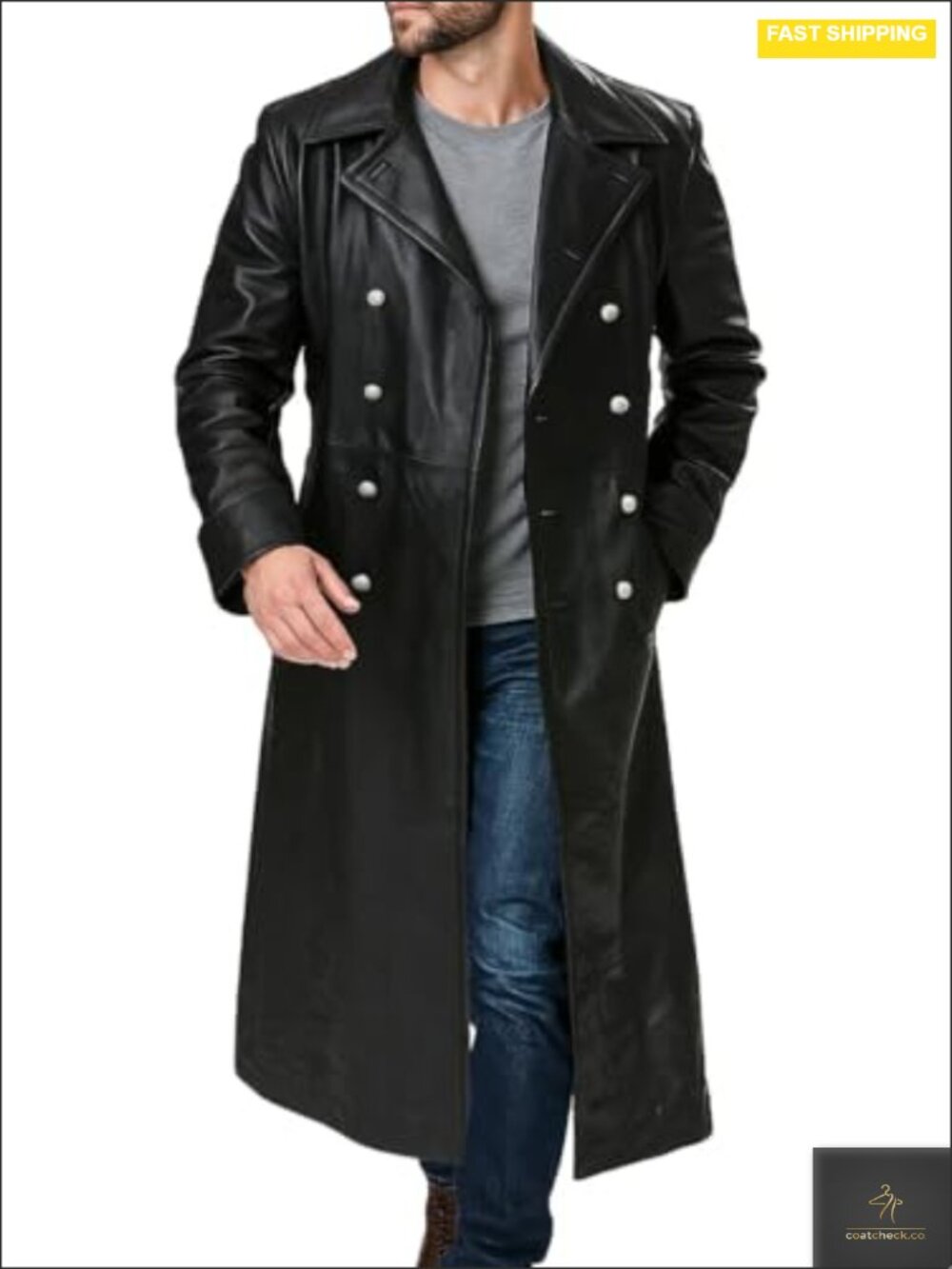 Genuine Leather Long Military Trench Coat Vintage WW2 Style